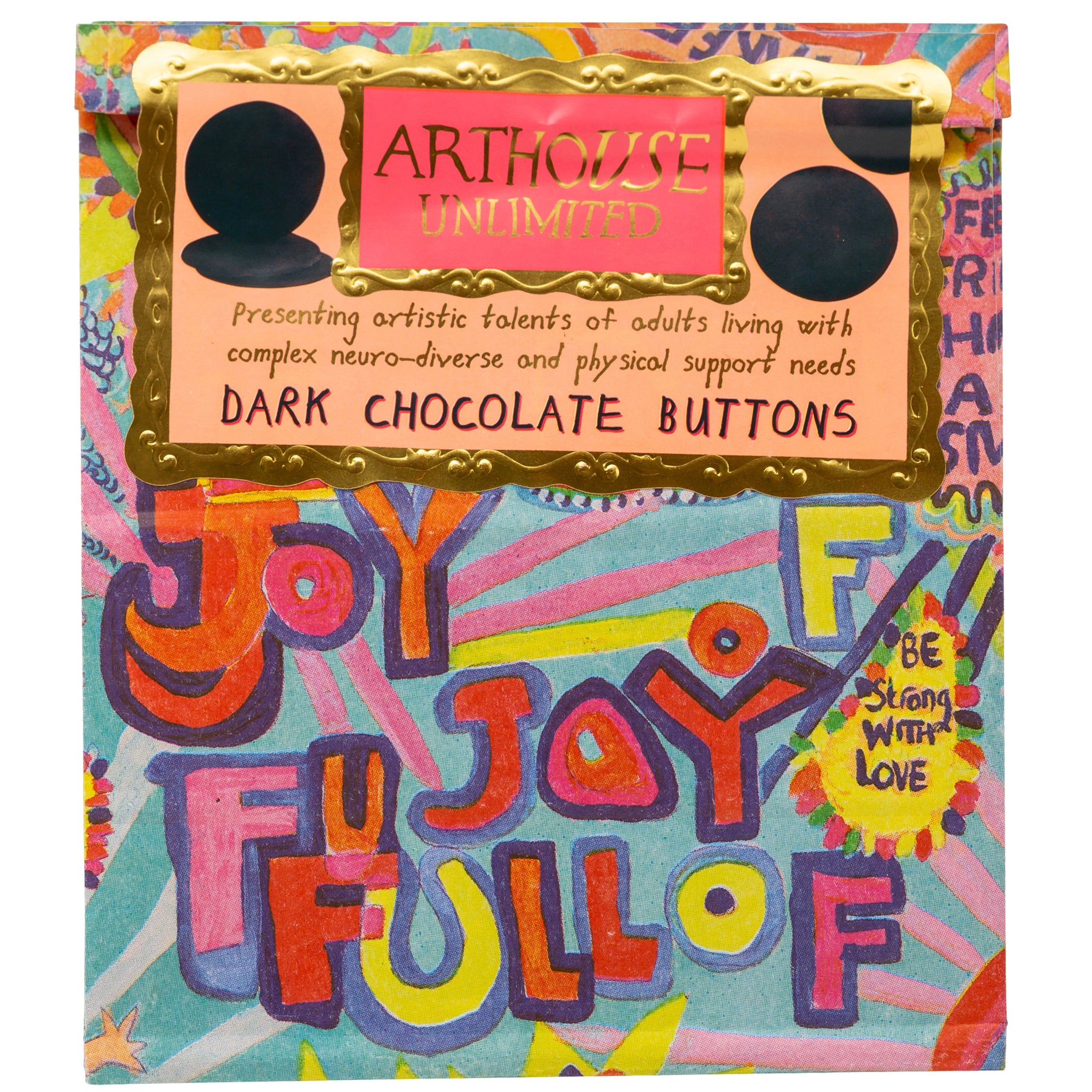 Bright and colourful packet of Full of Joy, Dark Chocolate Buttons