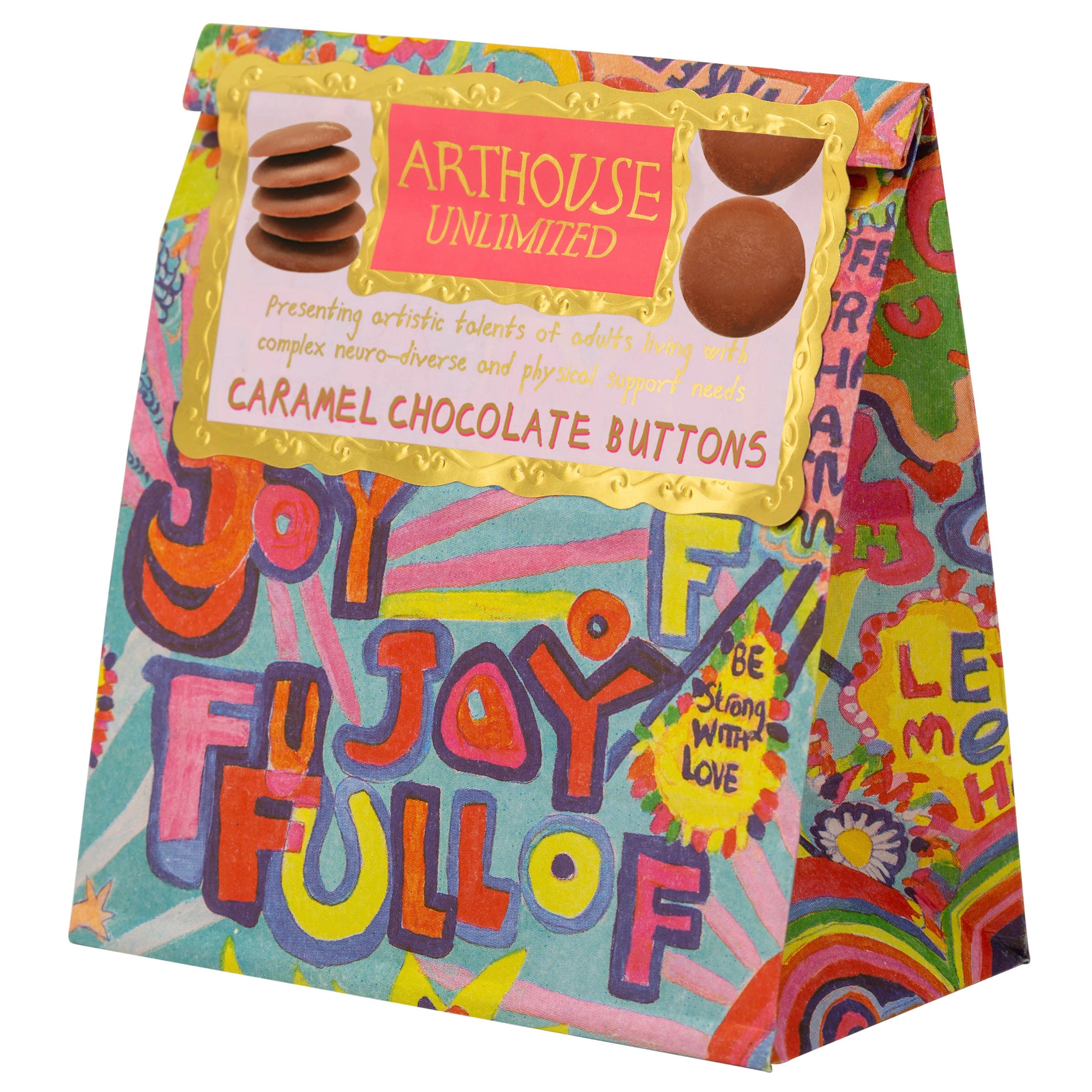 Bright and colourful packet of Bright and colourful packet of Full of Joy, Caramel Chocolate Buttons