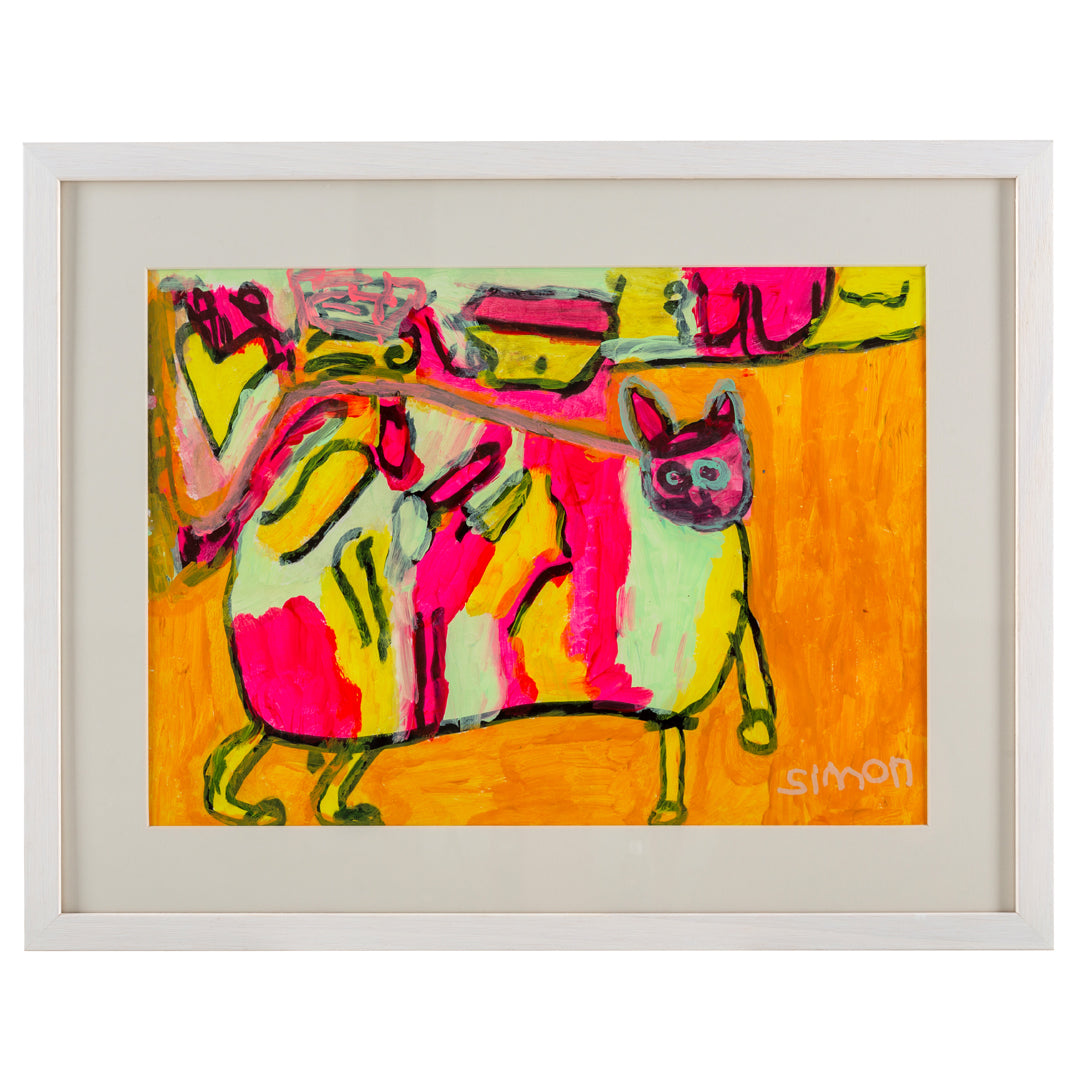 Framed painting of a colourful cat in pink, green, orange and yellow