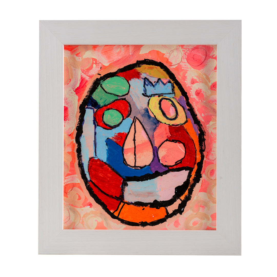Framed painting of a bright coloured mask 