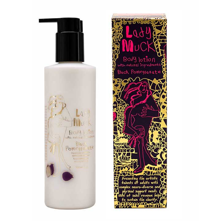 Box and bottle of Lady Muck, Body Lotion, Black Pomegranate