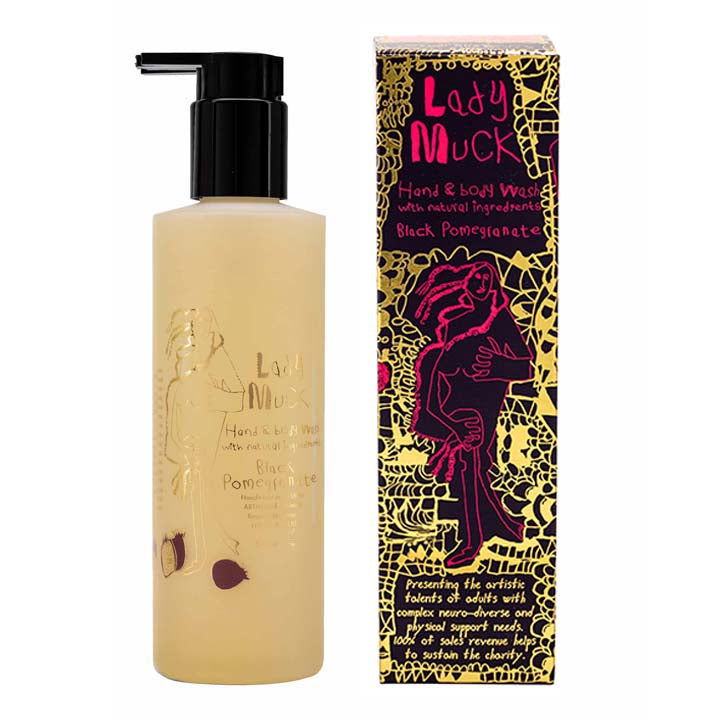 Bottle and box of Lady Muck, Hand & Body Wash, Black Pomegranate