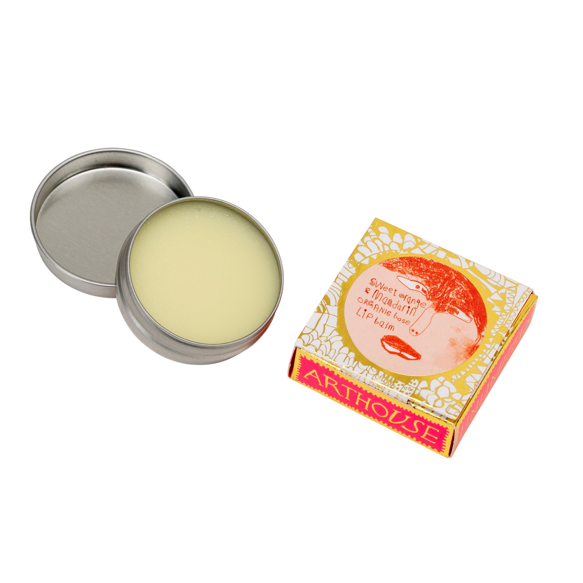 Pink and gold box containing Lady Muck, Lip Balm, Sweet Orange & Mandarin next to an open tin of lip balm