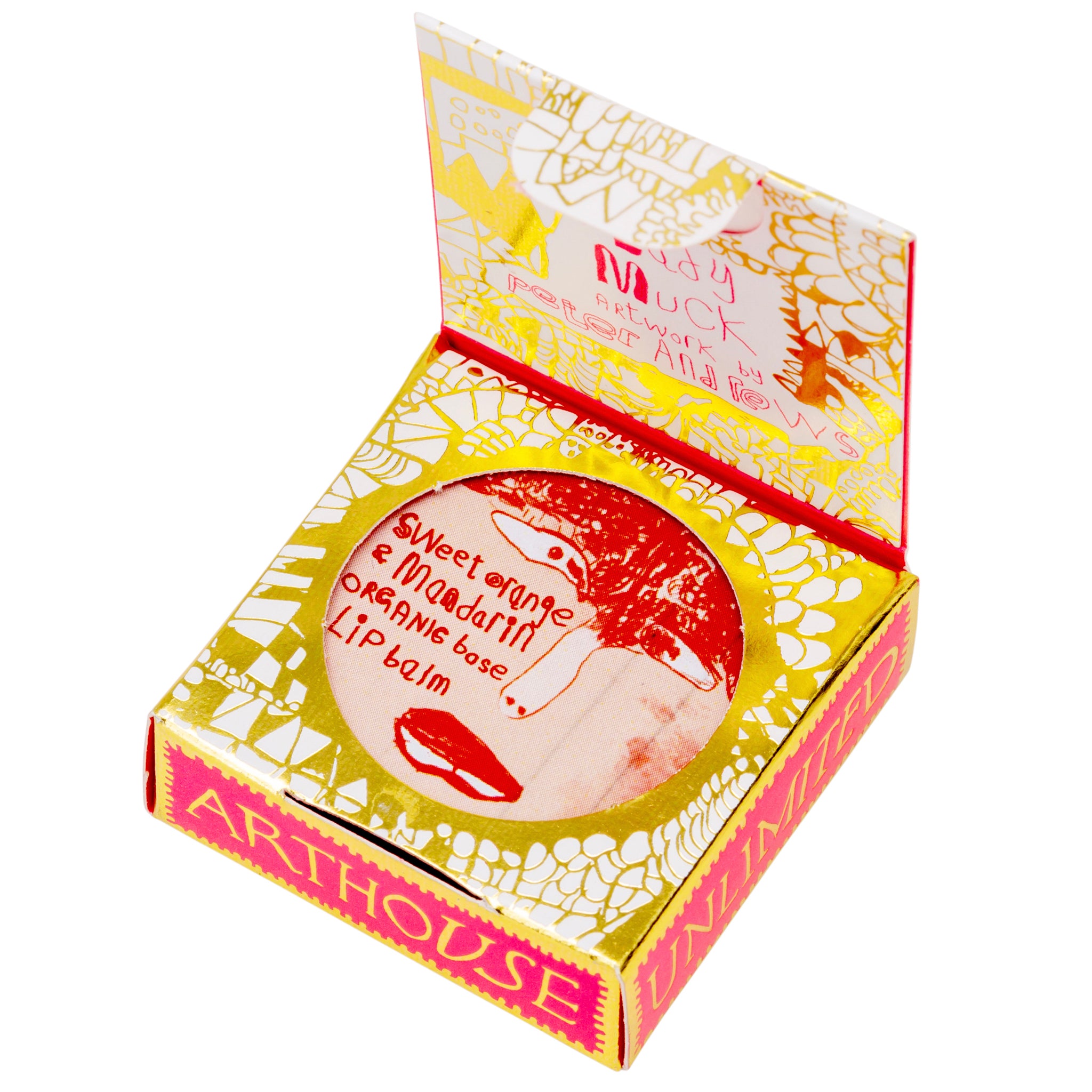 Open pink and gold box of Lady Muck, Lip Balm, Sweet Orange & Mandarin