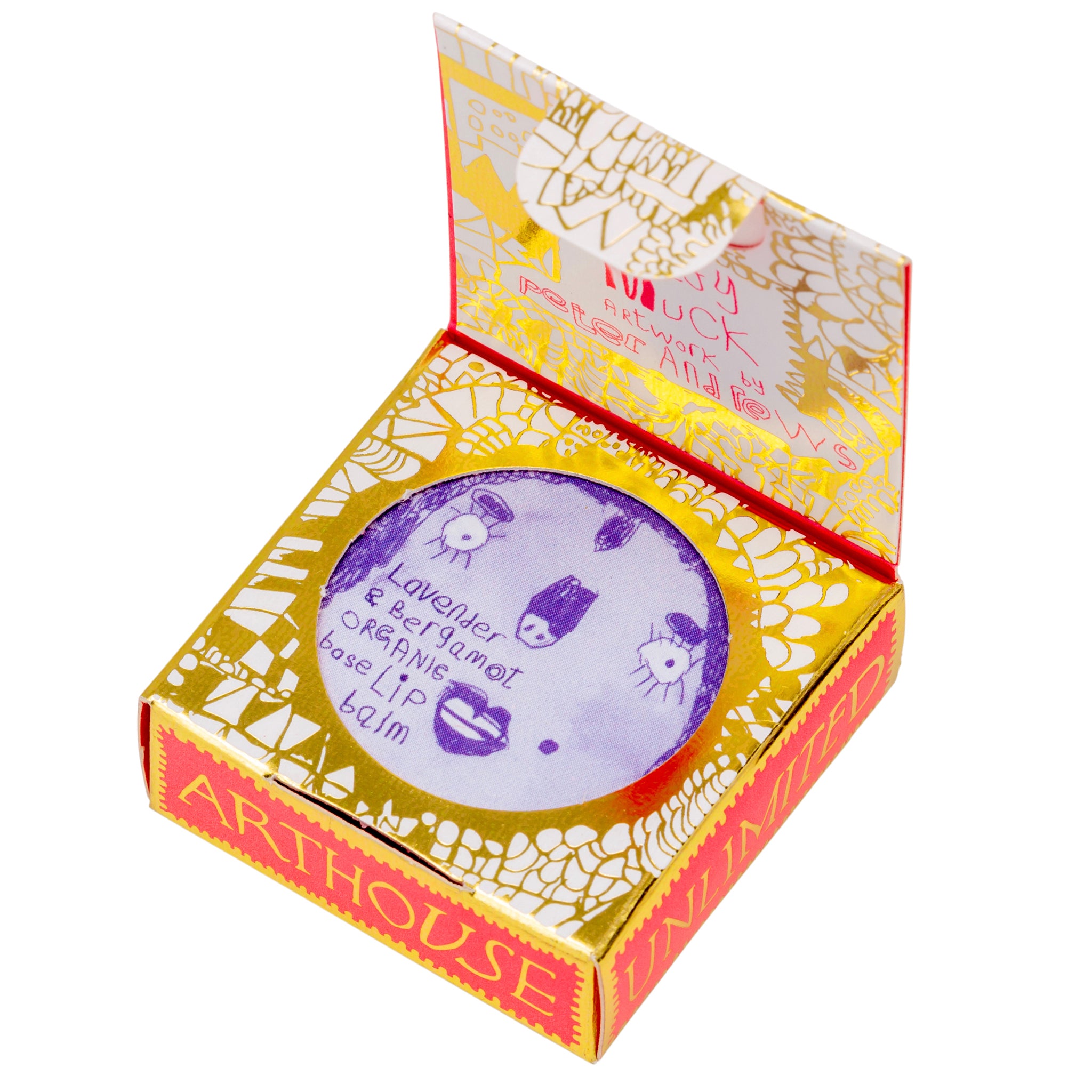 Pink and gold open box containing Lady Muck, Lip Balm, Lavender & Bergamot