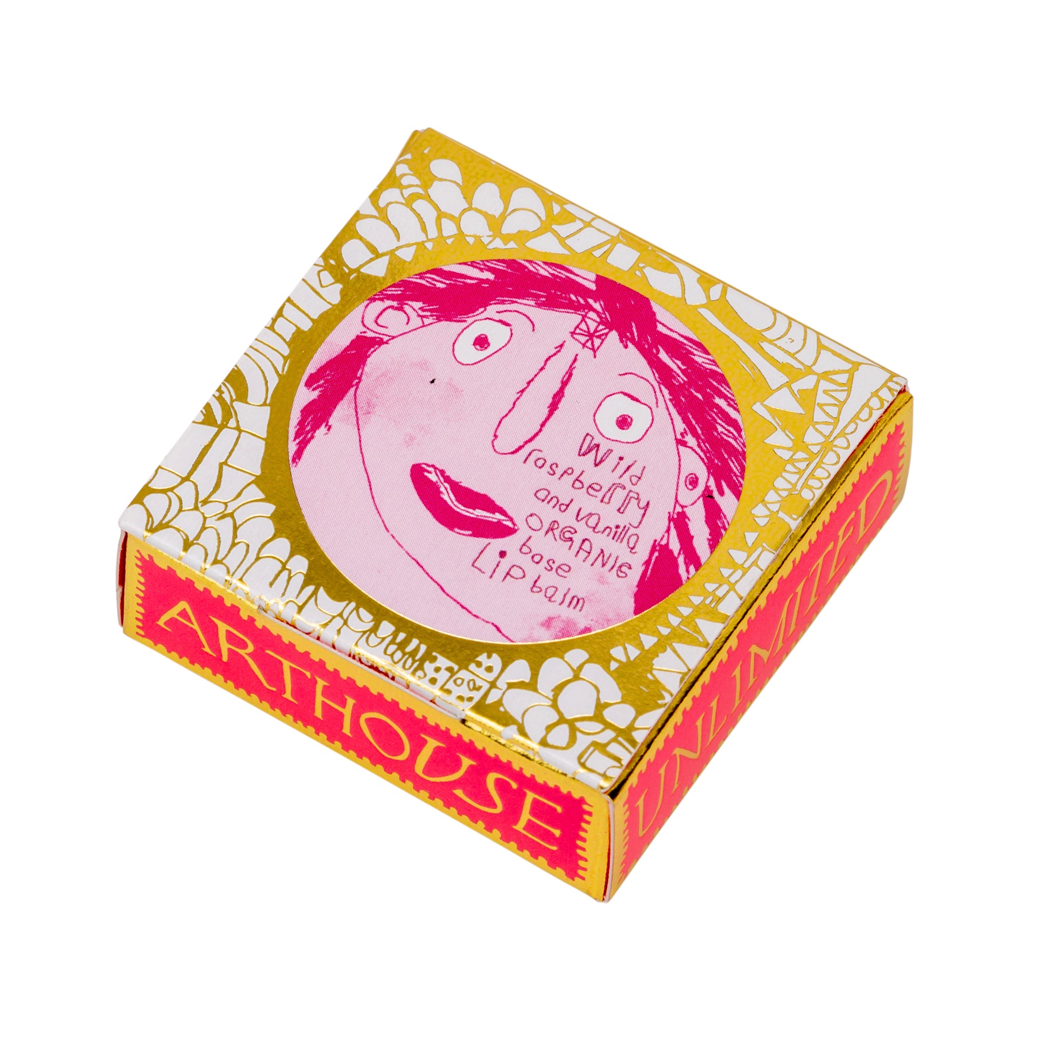 Pink and gold box containing Lady Muck, Lip Balm, Wild Raspberry & Vanilla
