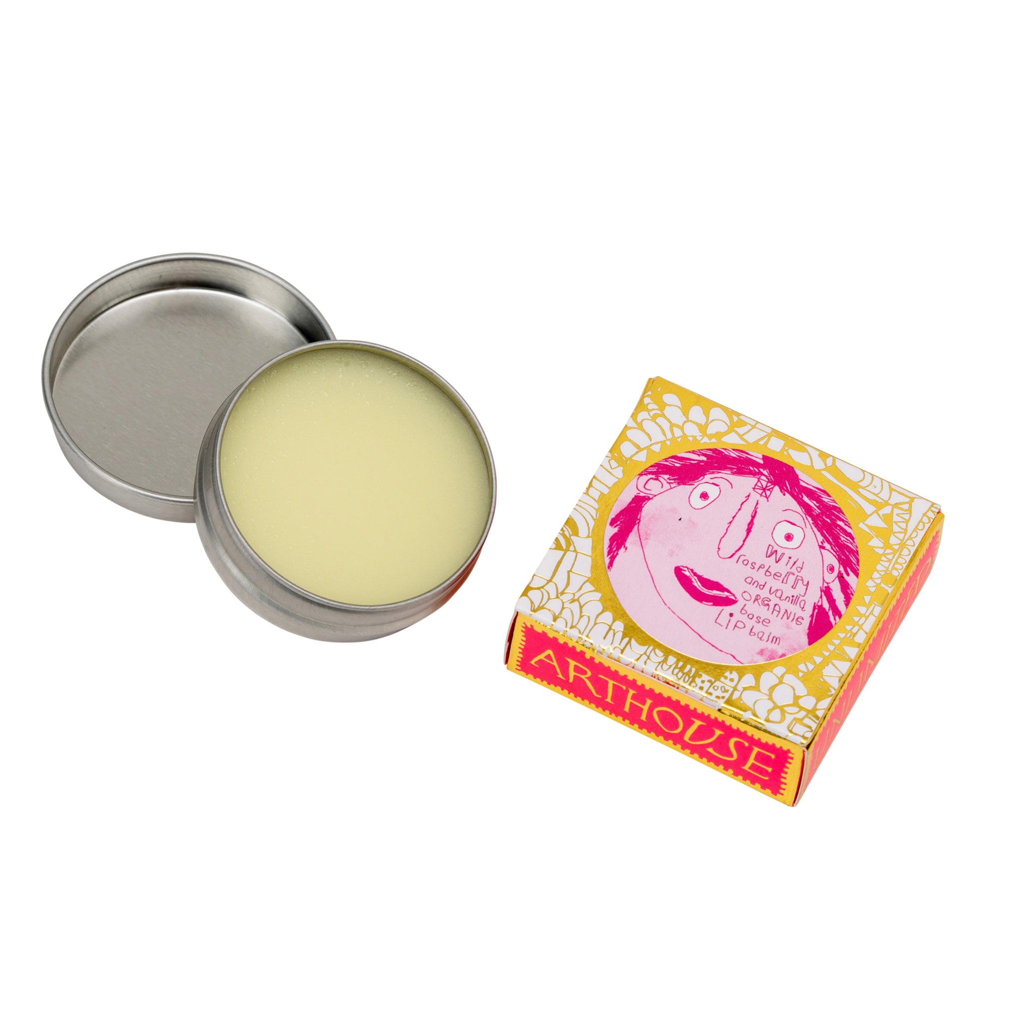 Pink and gold box containing Lady Muck, Lip Balm, Wild Raspberry & Vanilla with tin of open lip balm next to it
