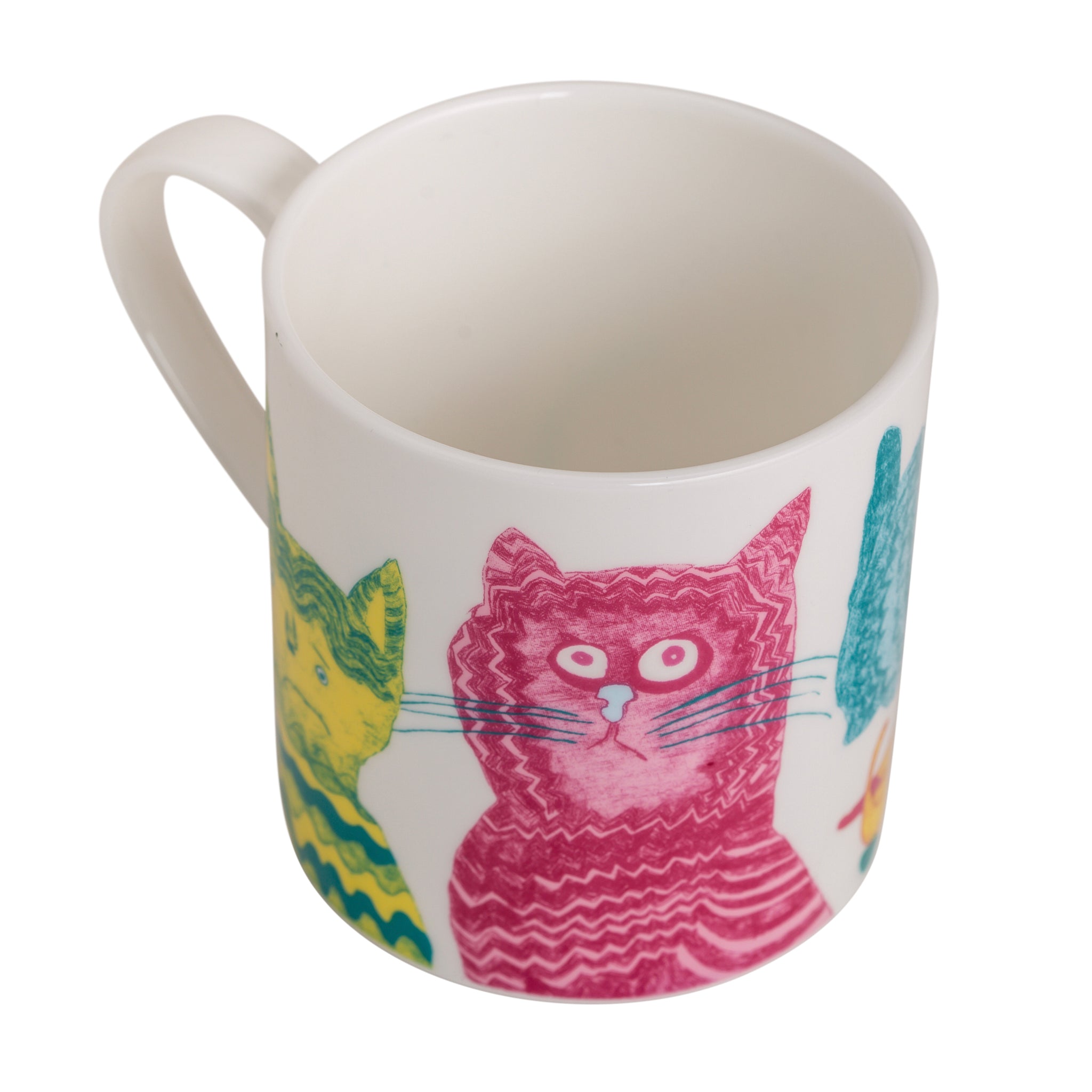 Pink, blue and yellow cats on Miaow For Now, Fine Bone China Mug