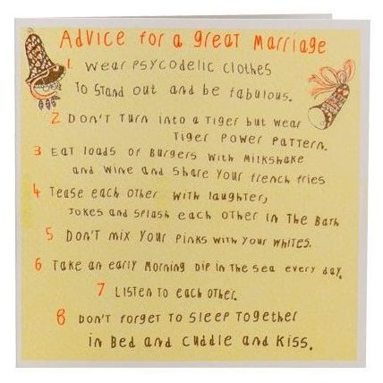 A yellow and orange card with a hand drawn list of  advice for a great marriage 