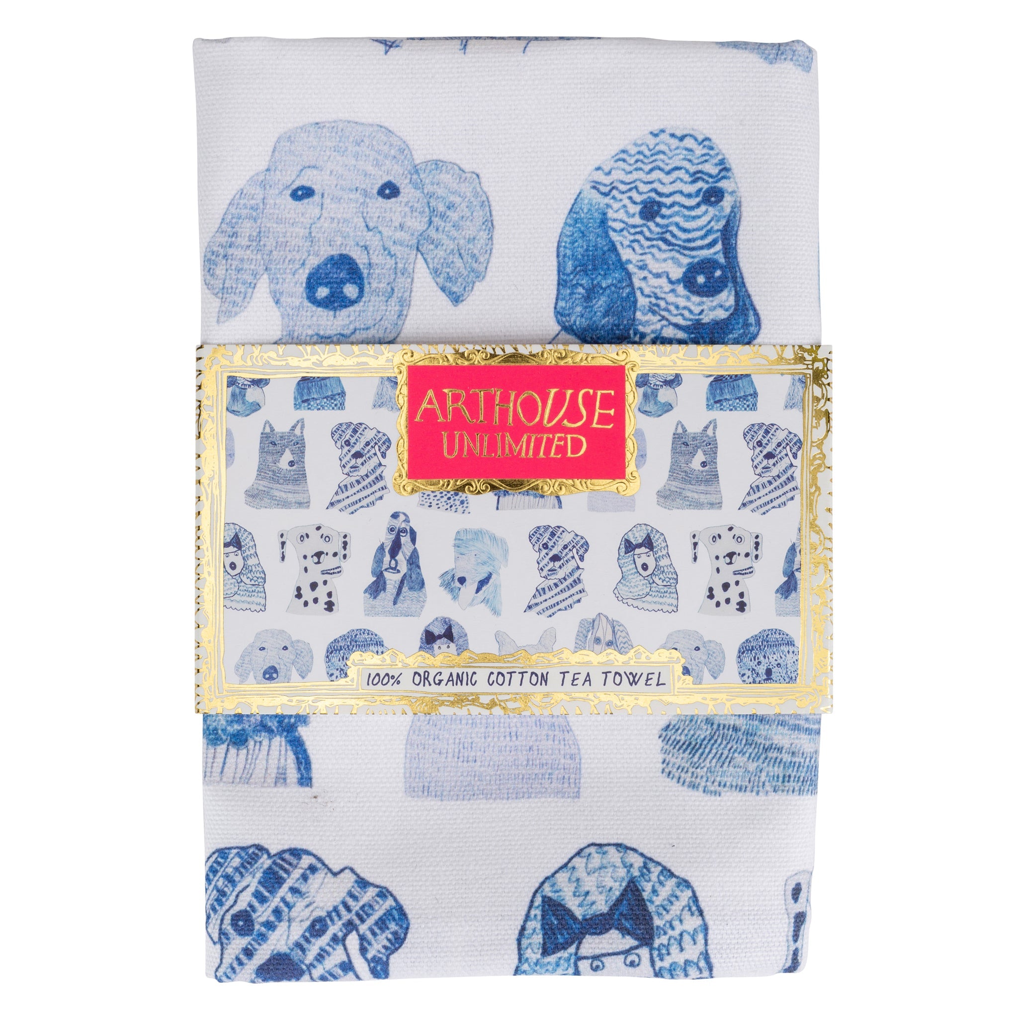 Blue and white Blue Dogs, 100% Organic Tea Towel with arthouse unlimited belly band 