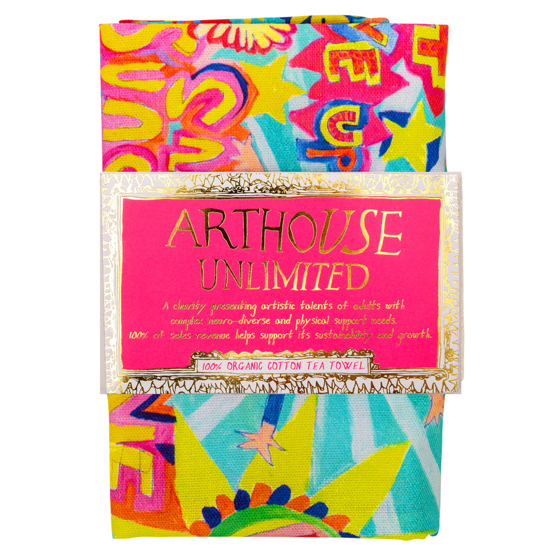 Bright coloured Full of Joy, 100% Organic Cotton Tea Towel with arthouse unlimited belly band 