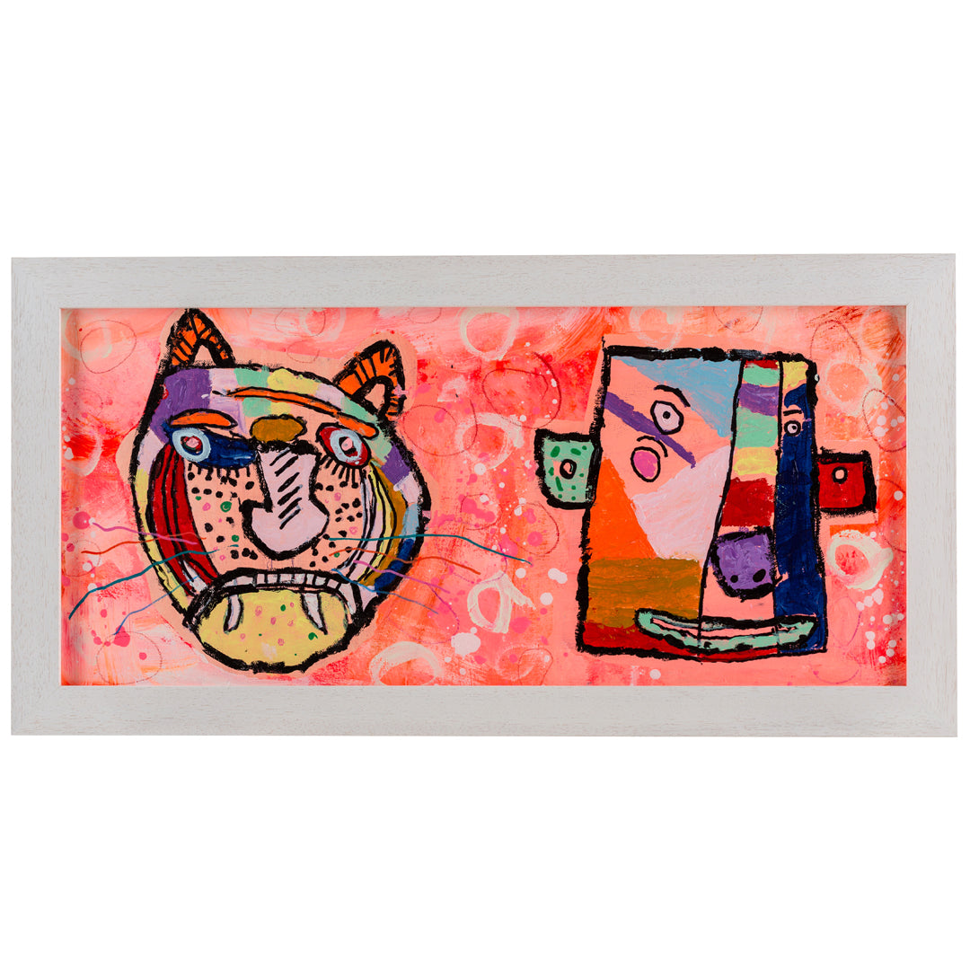Framed painting of a colourful abstract tiger and a man 