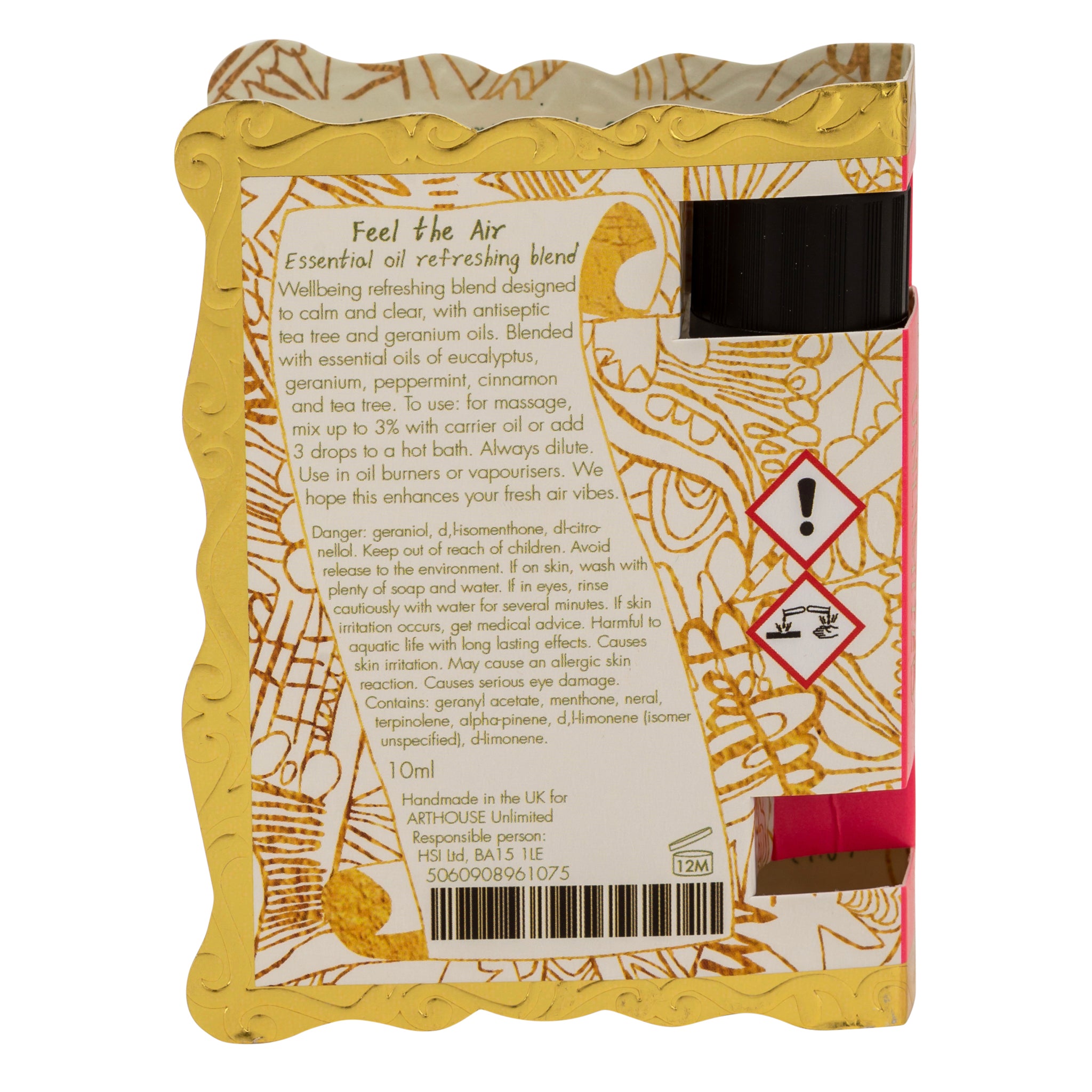 Back of packet of Feel The Air, Well Being Essential Oil, Refreshing Blend