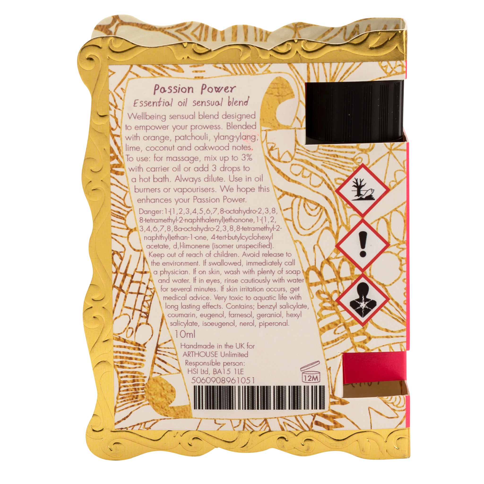 Back of packet of Passion Power, Well Being Essential Oil, Sensual Blend