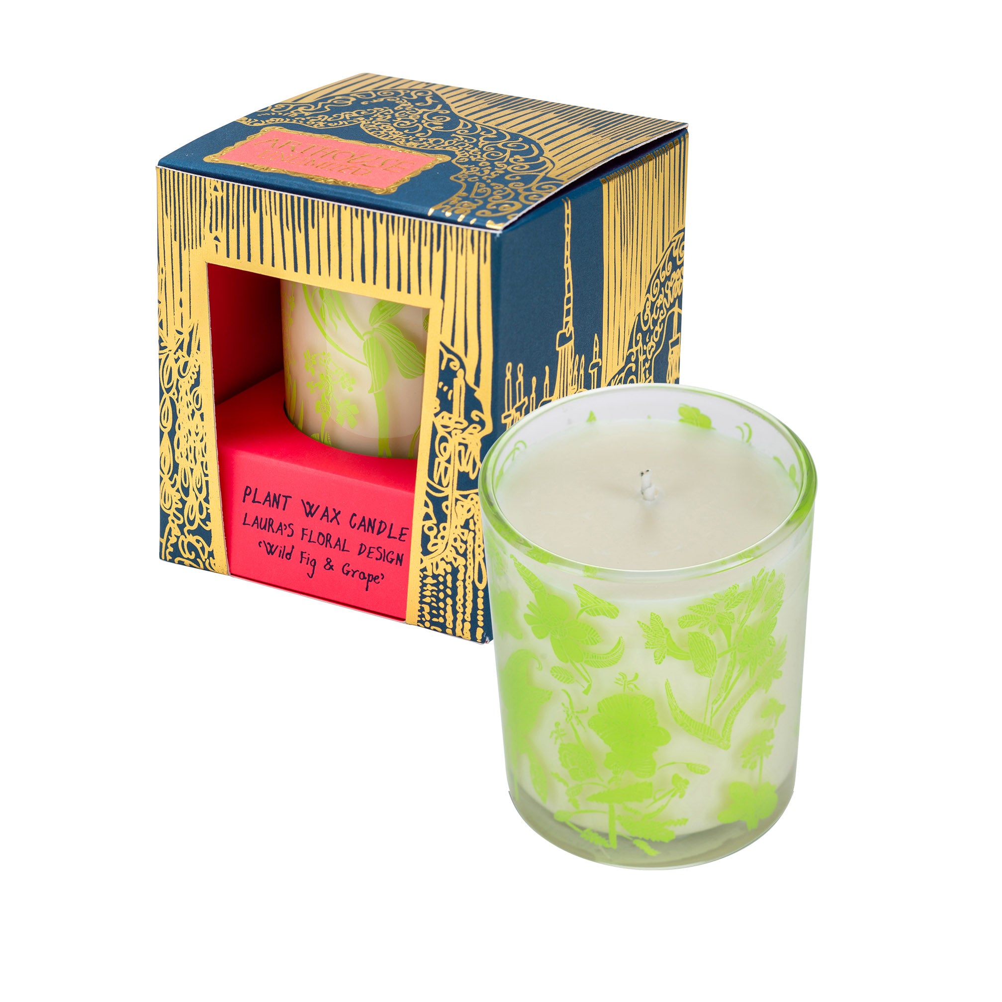 Laura's Floral, Wild Fig & Grape Plant Wax Candle. green decorated glass next to box