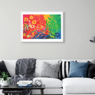 Colorful abstract painting on a gray wall above a white sofa with decorative pillows.