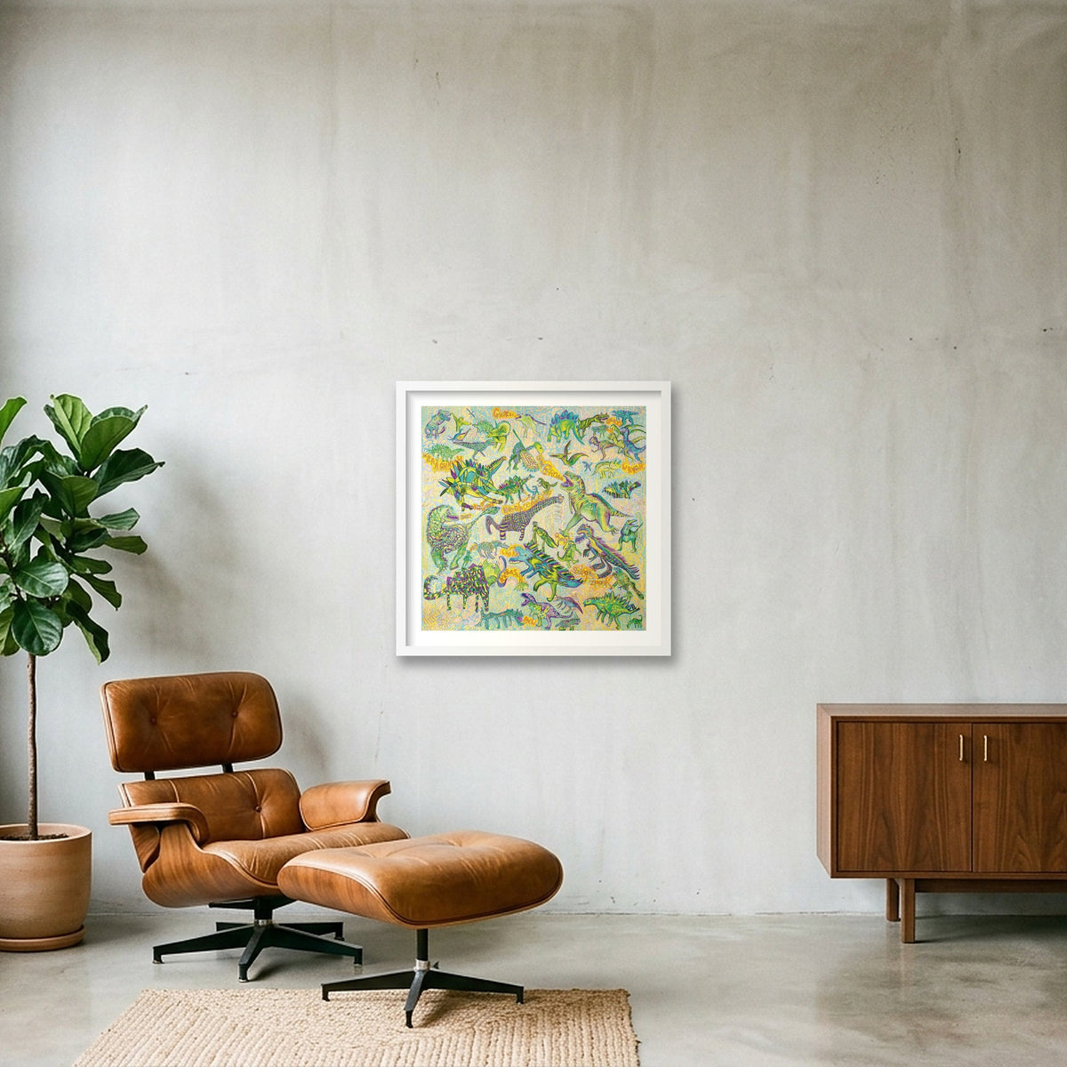 Giclee_dinosaurs 50x50 — 50×50cm, 20×20" White Frame
