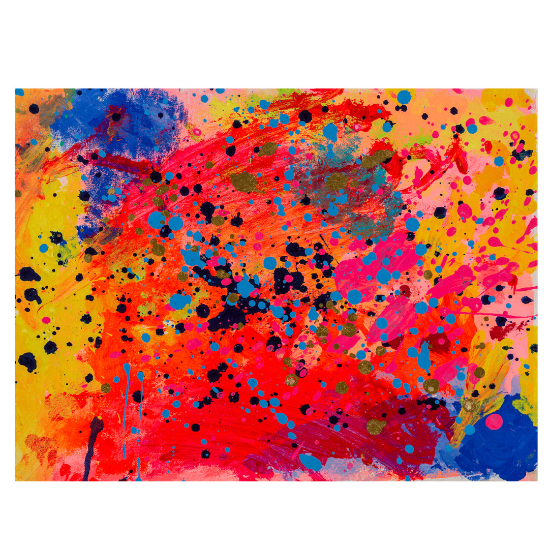 Colourful unframed painting of splats in pinks, yellows, oranges and blues