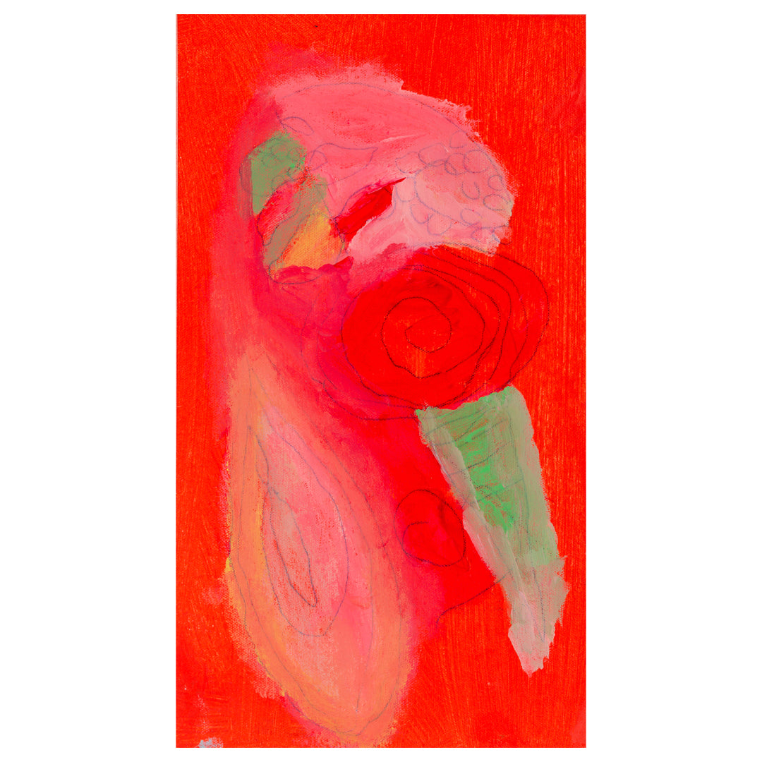 Unframed bright abstract painting in reds, pinks and green 