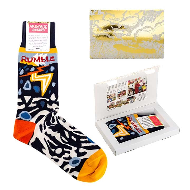 Rumble, Organic Cotton Socks with gold box and open box 